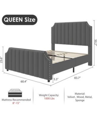 Queen Size Platform Bed Frame 50.2in Velvet Channel Tufted Headboard Footboard Nailhead Trim No Box Spring Grey