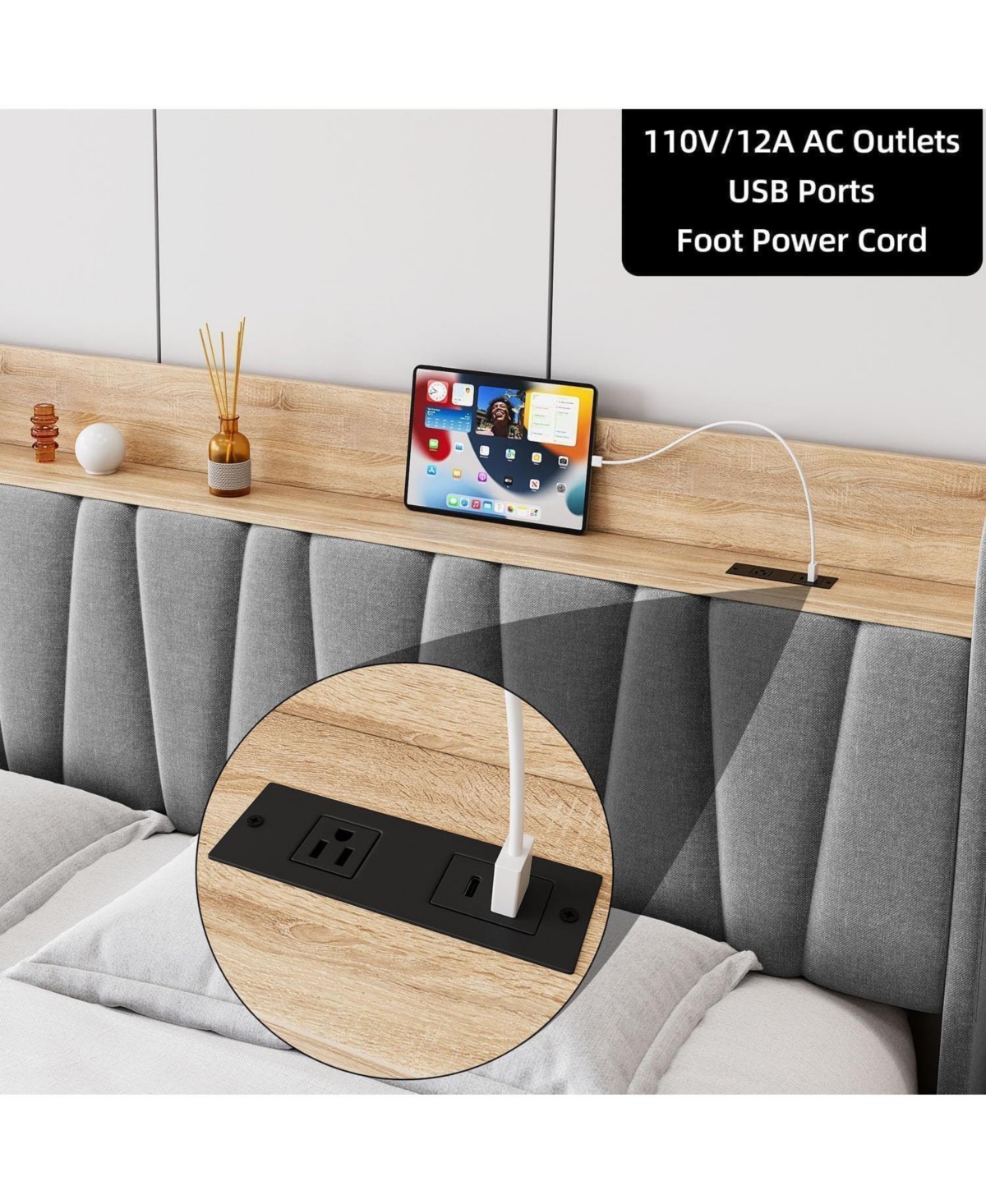 gaomon Queen Size Upholstered Platform Bed Frame Storage Drawers Power Socket Wooden Slats No Box Spring Easy Assembly