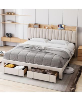 Upholstered Bed Frame Storage Headboard Platform Drawers Charging Station Noise Free No Box Spring Beige