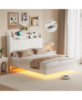 Queen Size Floating Bed Frame RGB LED Lights Charging Station Storage Headboard 50in Headboard Upholstered Platform White