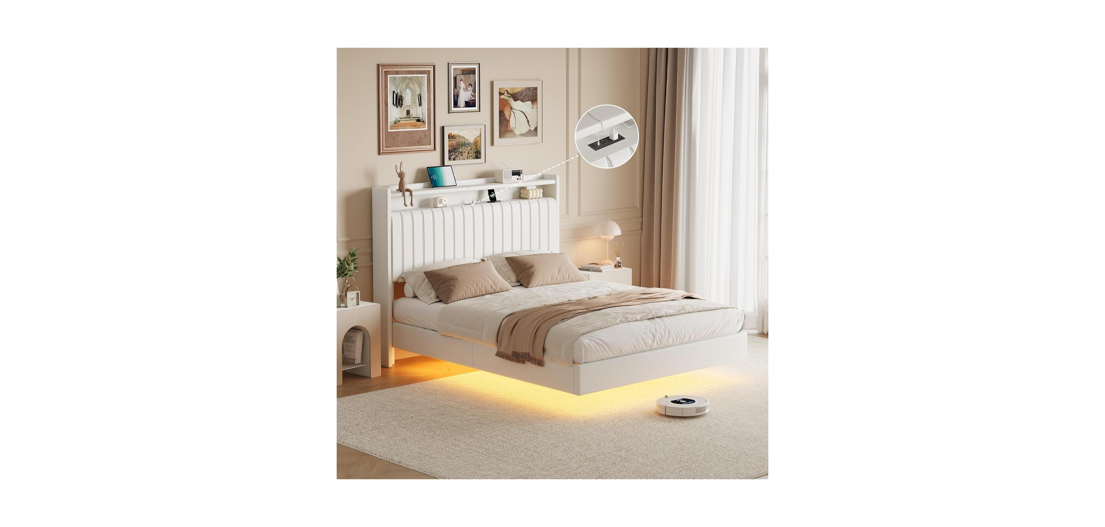 gaomon Queen Size Floating Bed Frame Rgb Led Lights Charging Station Storage Headboard 50in Headboard Upholstered Platform White