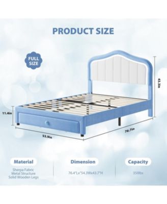 Full Size Upholstered LED Bed Frame with Storage Drawer Velvet Platform for Kids Wooden Slats No Box Spring Blue