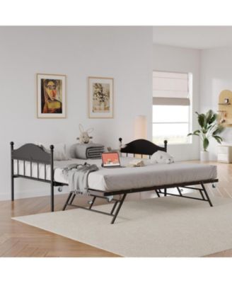 Twin Size Metal Daybed with Pop Up Foldable Trundle Heavy Duty Sofa Bed Stylish Headboard Steel Slats Rustic
