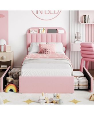 Twin XL Boucle Upholstered Platform Bed Frame for Girls with 2 Drawers Bookcase Headboard No Box Spring Pink