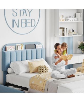 Twin Size Boucle Upholstered Platform Bed Frame with Bookcase Headboard 2 Drawers for Boys No Box Spring Blue
