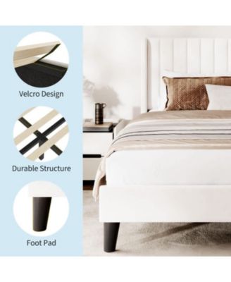 Full Size White Velvet Platform Bed Frame Channel Tufted Wingback Headboard Upholstered Wood Slats No Box Spring