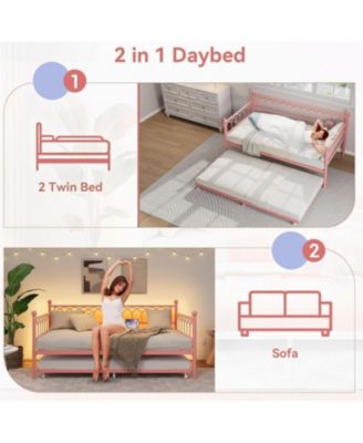 Twin Size Metal Daybed with Trundle Charging Station LED Lights Sofa Bed for Living Room Guest Room Apartment