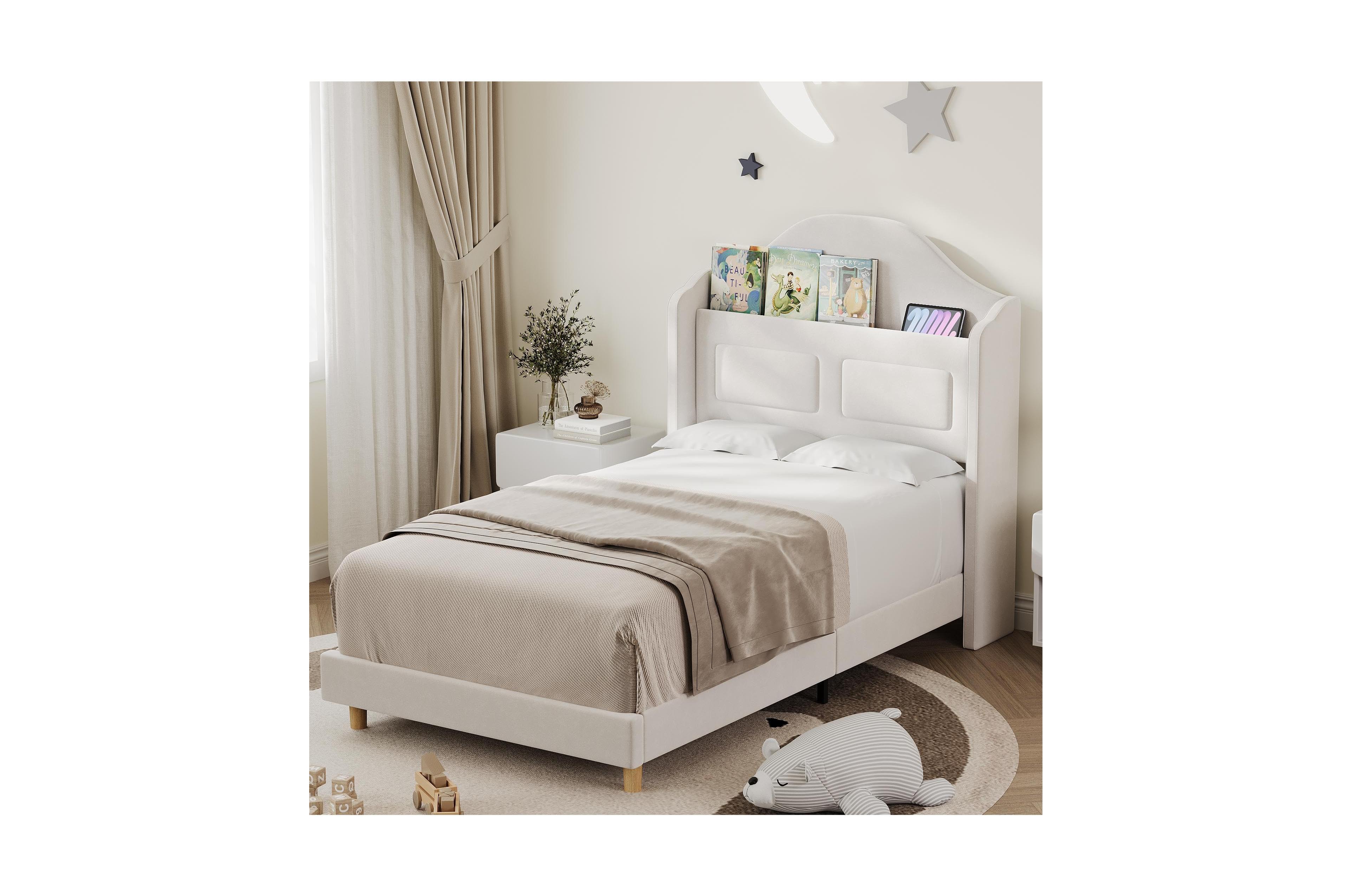 gaomon Velvet Upholstered Led Lights Wingback Headboard & Storage Platform Bed Frame