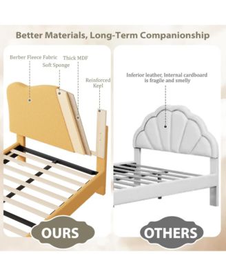 Full Size Bed Frame for Kids with Scallop Headboard, Cute Velvet Twin Bed for Girls, Boys, Sturdy Platform Bed