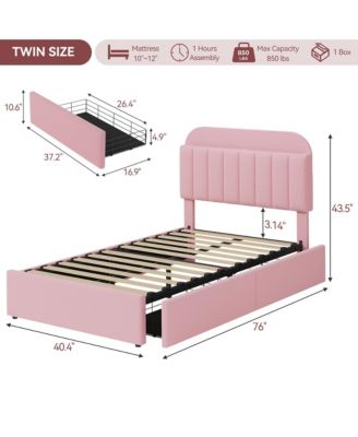 Twin Bed Frame with Storage Headboard, Girls Bed Frame with 2 Drawers