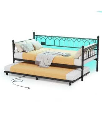 Twin Daybed with Trundle, Day Bed with Charging Station & LED Lights