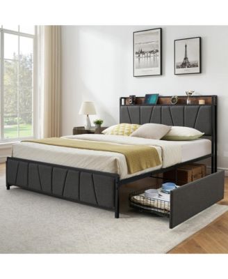 Full Size Bed Frame with 2 Storage Drawers and Charging Station, Rustic Linen Upholstered Platform Bedframe