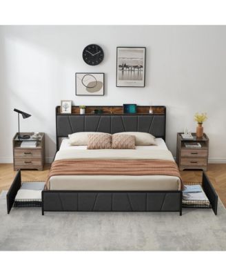 King Size Bed Frame with 2 Storage Drawers and Charging Station, Rustic Linen Upholstered Platform Bedframe