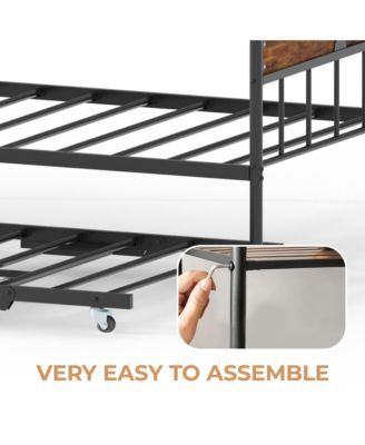 Daybed with Trundle, Metal Twin Size Day Bed with Stylish Headboard, Sofa Bed Frame with Pop Up Foldable Trundle Bed