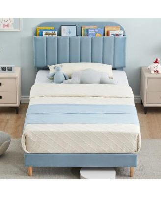 Twin Bed Frames, Upholstered Platform Bed Frame with Bookcase Headboard, Velvet Platform Bed Mattress Foundation