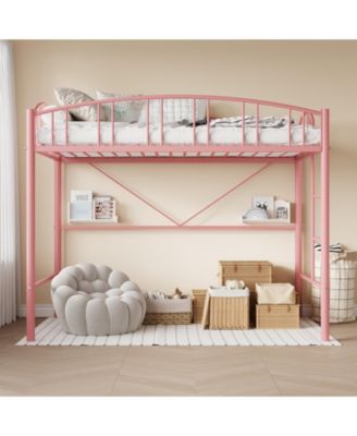 Loft Bed Twin Size, Heavy Duty Metal Loft Bed Frame with Arched Guardrail and Safety Ladder