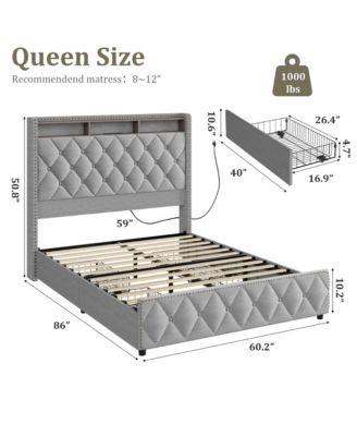 Queen Bed Frame with 50.8" Tall Headboard, Platform Velvet Upholstered Bed Frame with 4 Storage Drawers