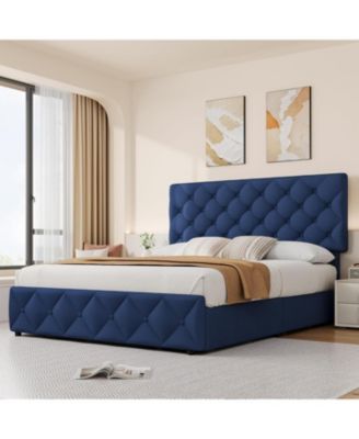 Full Bed Frame with 4 Storage Drawers and Headboard, Linen Upholstered Platform Bed Frame with Wooden Slats Support