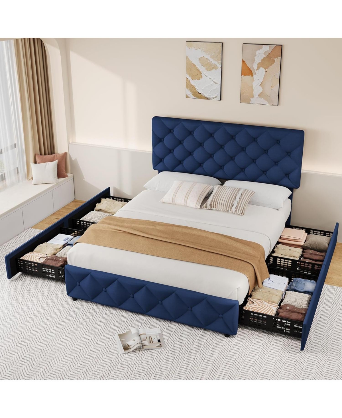 gaomon King Bed Frame with 4 Storage Drawers and Headboard, Linen Upholstered Platform