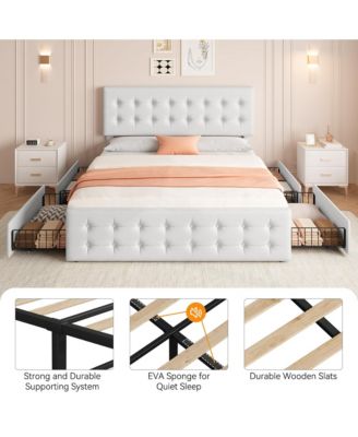 King Bed Frame with Headboard and 4 Storage Drawers, Platform Bed Frame Square Stitched Button Tufted