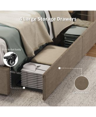 Queen Size Bed Frame with 4 Storage Drawers, Platform Queen Bed Frame with Upholstered Channel Tufted Wingback Headboard