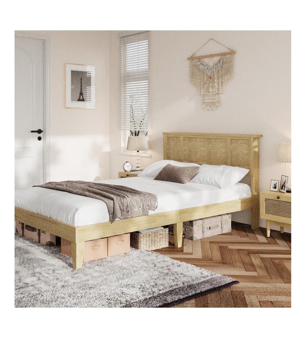 Gaomon Full Bed Frame with Natural Rattan Headboard, Sturdy Wooden Slats, Metal Platform, Boho Cane Mattress Support