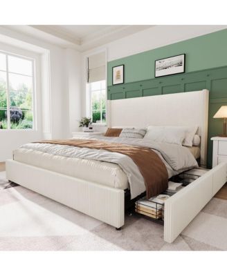 King Size Upholstered Platform Bed Frame with Storage Drawers, Corduroy Wingback with Tufted Headboard and Footboard