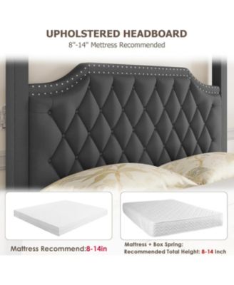 Upholstered Canopy Bed Frame Full Size with Headboard,Button Tufted, Nailhead Trim Design,No Box Spring Required