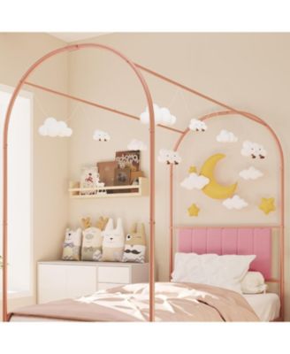 Twin Canopy Bed Frame, Metal Kids Platform with Upholstered Headboard, Strong Slats, Noise Free, Easy Assembly