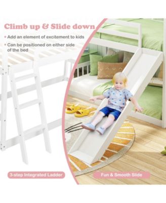 Twin Over Twin House Bunk Bed w/ Slide Solid Wood Low Bunk Bed for Kids