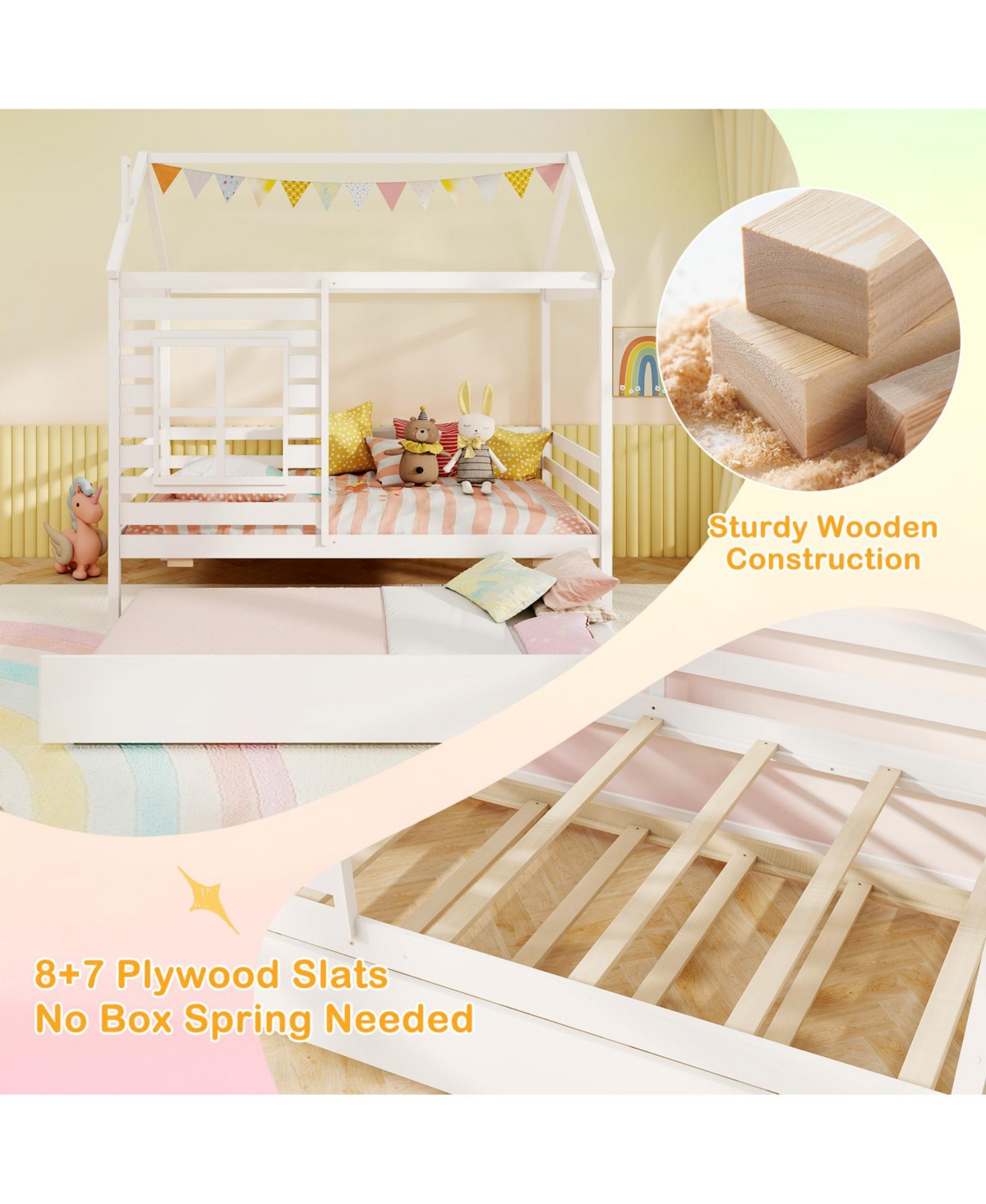 Gymax Twin House Bed with Trundle Wooden Platform w/ Roof Chimney & Window