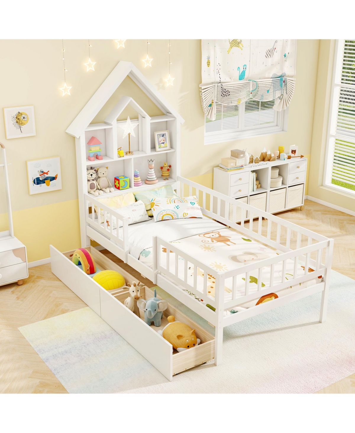 Gymax Twin Size House Bed w/ 2 Drawers Kids Montessori Bed w/ Storage Headboard