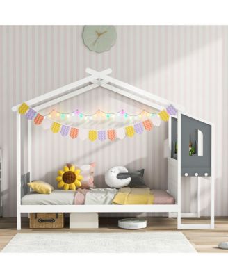 Kids House Bed w/ Study Desk & Removable Box Drawers Hanging Hooks