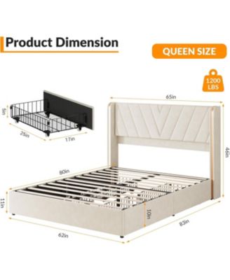 Upholstered LED Bed Frame with 4 Storage Drawers, RGB LED Lights, Velvet Platform Bed Frame with Wingback Headboard, No Box Spring Needed - Queen