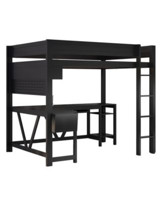 Wood Full Size Gaming Loft Bed w Built In Desk Charging Station LED Lighting Storage Shelves Multifunctional Modern Living Spaces Furniture