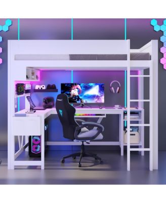 White Wood Full Size Gaming Loft Bed Built In Desk Charging Station LED Lighting Storage Shelves Multifunctional Modern Living Space Furniture