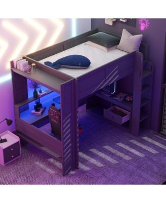 Dark Gray Wood Full Size Gaming Loft Bed Built In Desk Charging Station Storage Shelves LED Lighting Space Saving Teens Adults Furniture