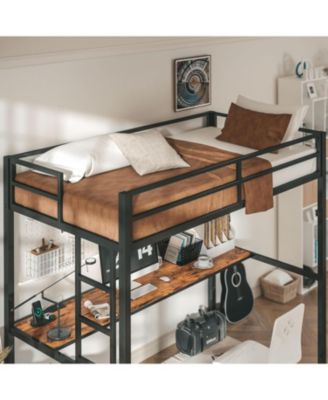 Twin Loft Bed with Desk, Power Outlet & LED Lighting, Space-Saving Design, Black