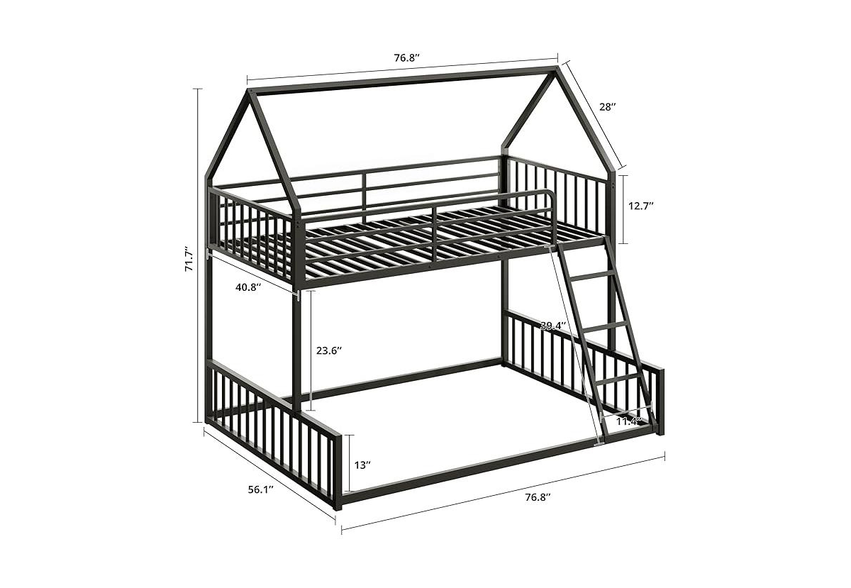 Likimio Bunk Bed Twin Over Full Size with Ladder and Guardrail, House Shaped with Metal Slats Support No Box Spring Needed, Black
