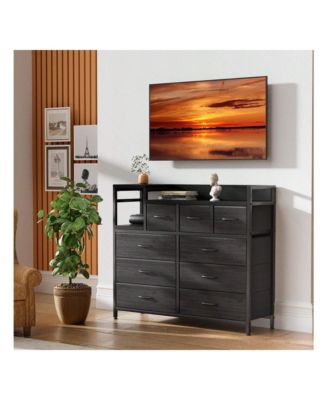 9-Drawer Modern Dresser TV Stand with Charging Station, Open Shelf, Power Outlets, Storage Media Console, Black