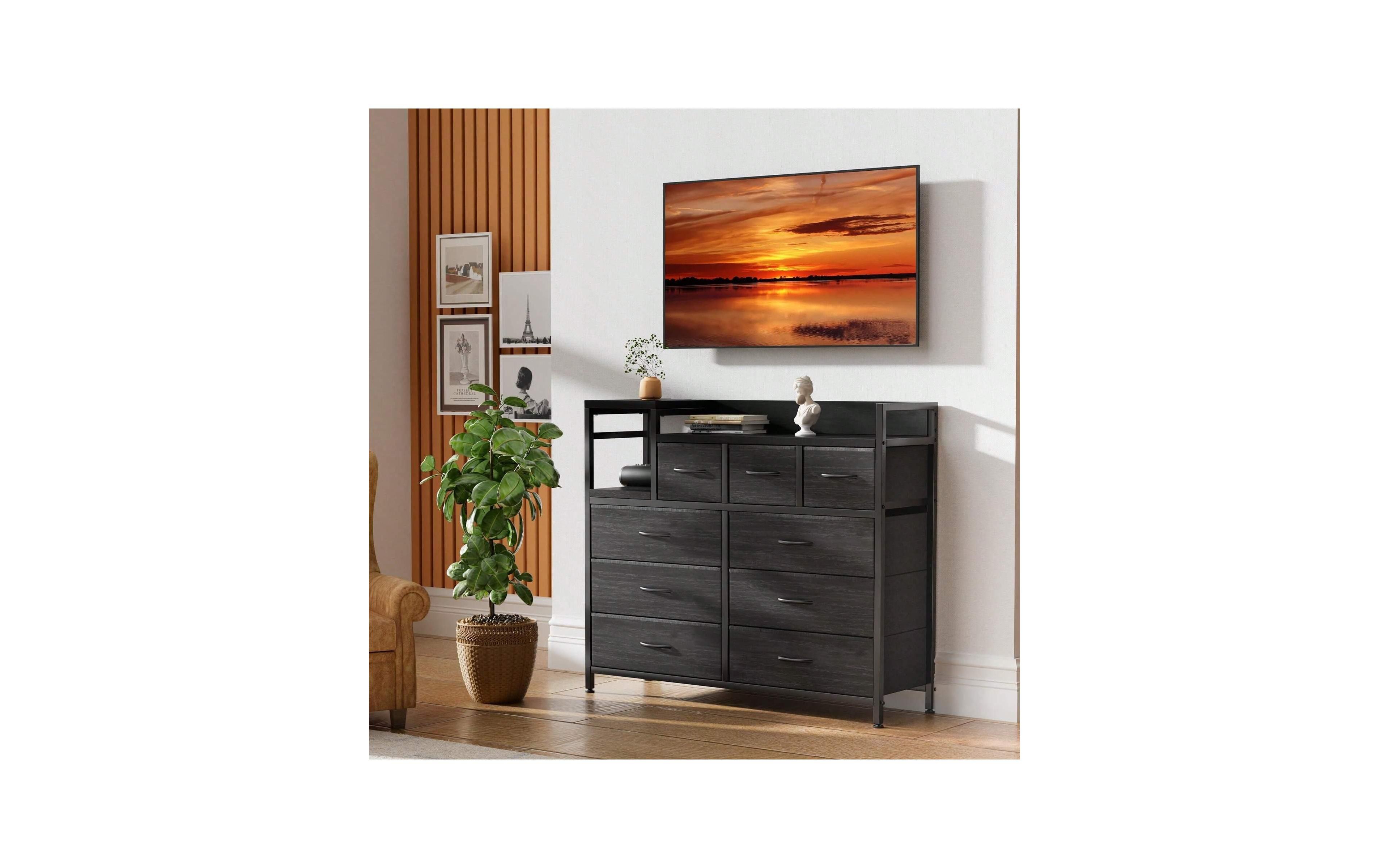 9-Drawer Modern Dresser Tv Stand with Charging Station, Open Shelf, Power Outlets, Storage Media Console, Black