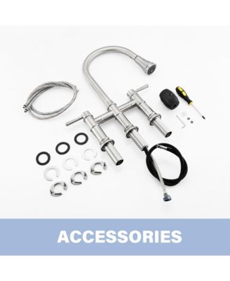 Boyelliving 3 Hole Kitchen Faucet with Pull Down Sprayer, Double Handle Kitchen Sink Faucet Brass Vintage Kitchen Faucets