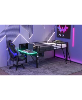 Black Metal Twin Size Gaming Mid Loft Bed with BuiltIn Desk and MultiColor LED Lighting Space Saving Furniture for Kids and Teens Bedrooms