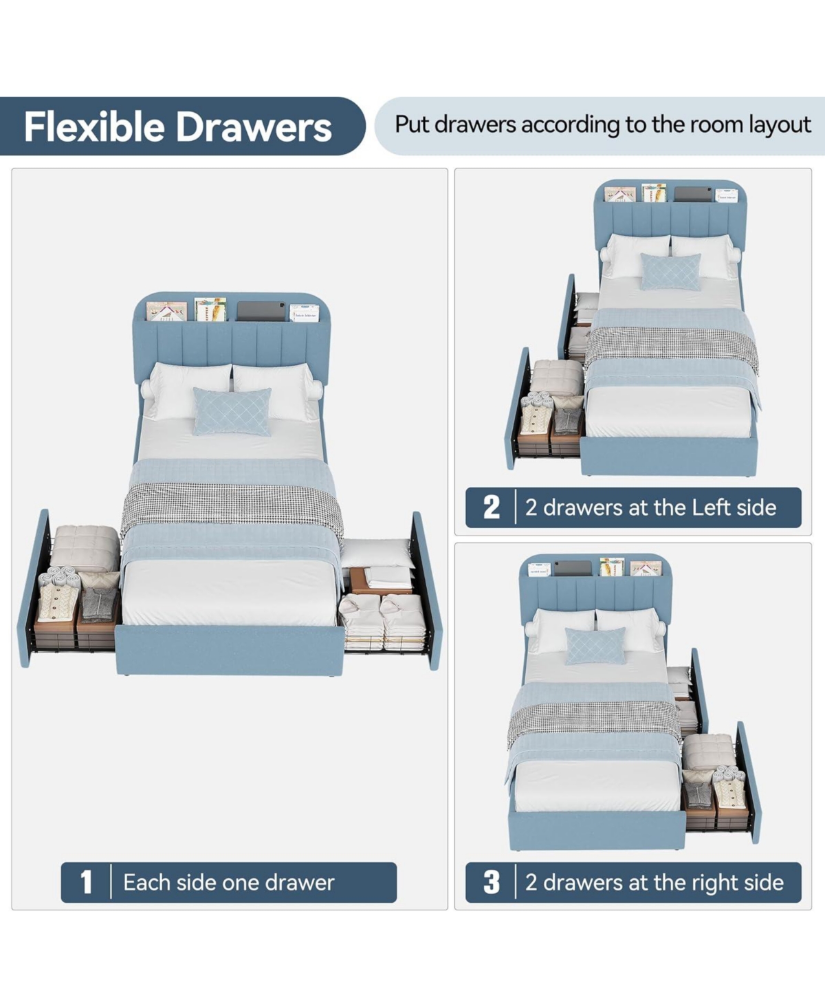 gaomon Boucle Upholstered Platform Bed with 2 Storage Drawers and Bookcase Headboard, Noise-Free, Easy Assembly, No Box Spring Needed