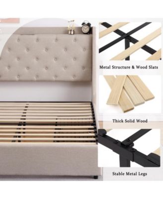 Full Bed Frame with Charging Station, Upholstered Platform Bed Frame with Wingback Headboard