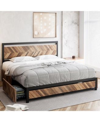 King Size Bed Frame with 4 Storage Drawers, Metal Platform Bed Frame with Rustic Vintage Wood Headboard