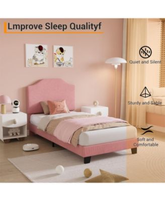 Twin Size Velvet Bed Frame Corduroy Upholstered Platform Adjustable Headboard No Box Spring Needed Wooden Slats Pink