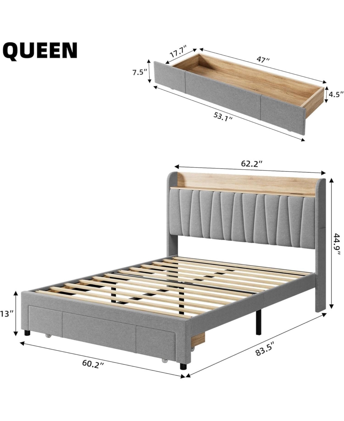 gaomon Upholstered Bed Frame with Storage Headboard, Drawer, Charging Station, Linen Platform