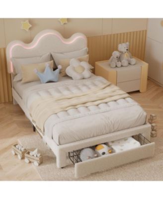 Princess Bed Frame with LED Headboard & Storage Drawers, Adjustable Boucle Platform Bed for Girls, No Box Spring Needed