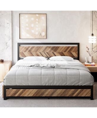 King Size Bed Frame with 4 Storage Drawers, Metal Platform Bed Frame with Rustic Vintage Wood Headboard